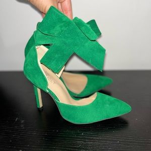 Green suede high heel pumps